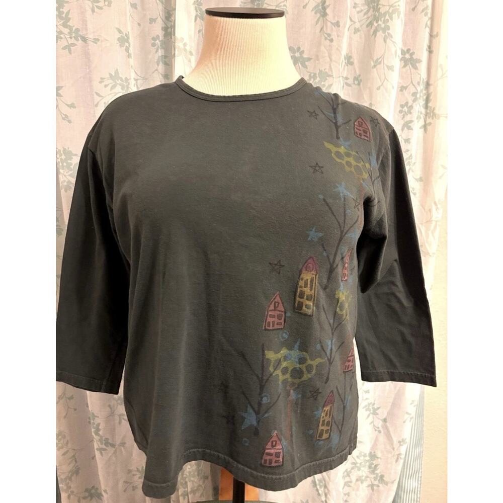 Blue Fish Hand Painted Artwear Top Women XL Lagenlook Boho Cottagecore USA
